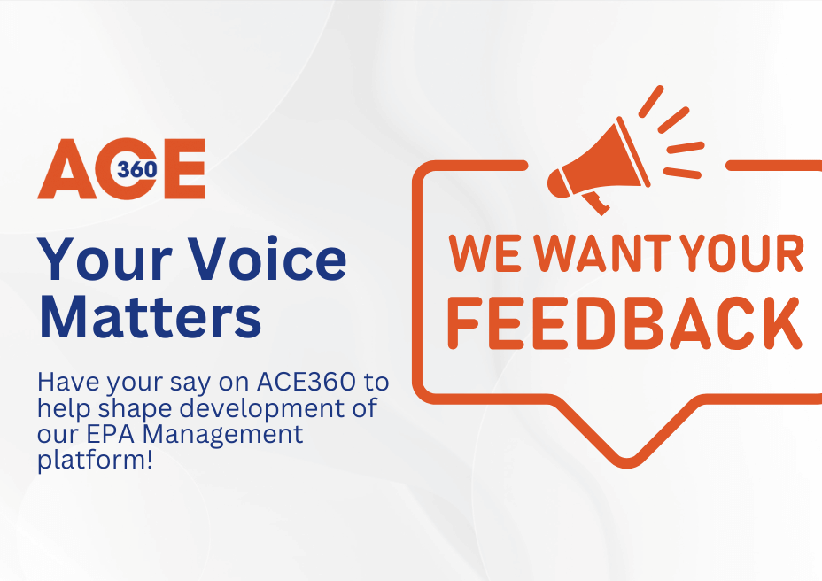 Banner requesting feedback on the ACE360 EPA management platform.